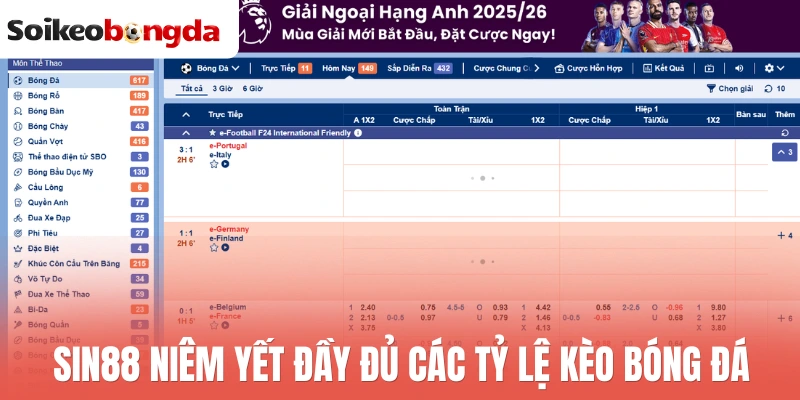 Sin88 - Sân Chơi Chất Lượng, Thưởng Kèo Bóng Cực Cao 3 Sin88 niêm yết đầy đủ các tỷ lệ kèo bóng đá